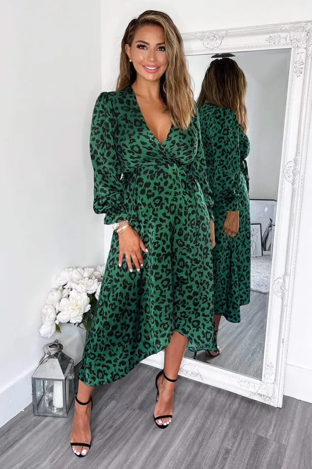 AX Paris Dresses Green And Black Animal Printed Wrap Over Midi Dress