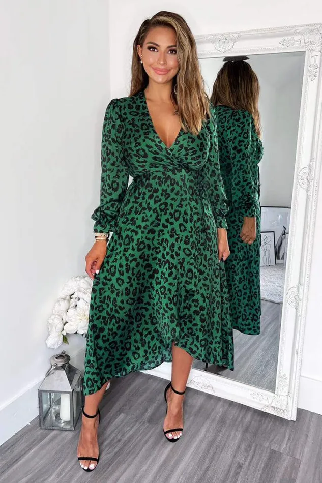AX Paris Dresses Green And Black Animal Printed Wrap Over Midi Dress