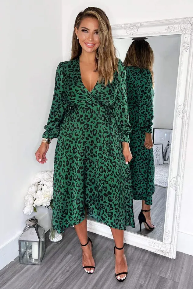 AX Paris Dresses Green And Black Animal Printed Wrap Over Midi Dress