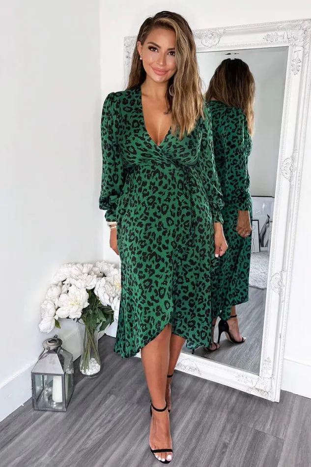 AX Paris Dresses Green And Black Animal Printed Wrap Over Midi Dress