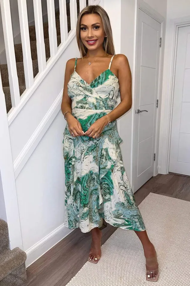 AX Paris Dresses Green Marble Print Double Frill Strappy Midi Dress