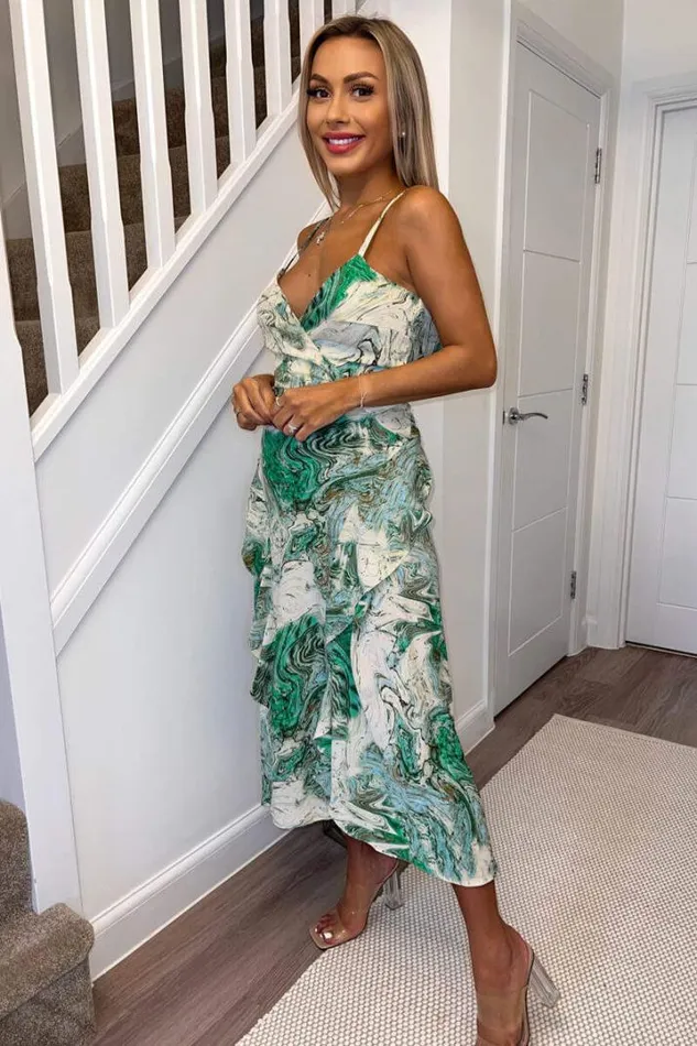 AX Paris Dresses Green Marble Print Double Frill Strappy Midi Dress