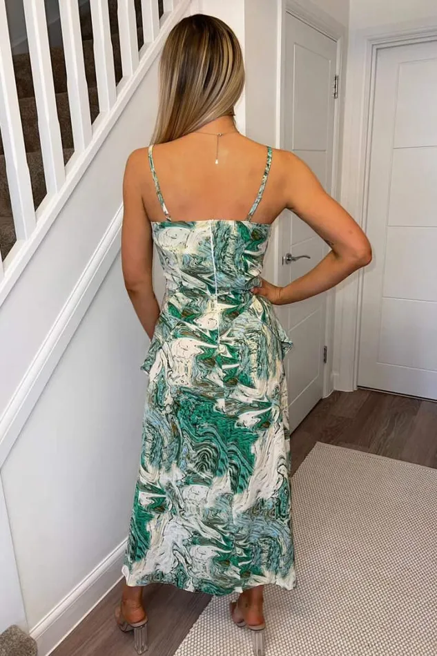 AX Paris Dresses Green Marble Print Double Frill Strappy Midi Dress