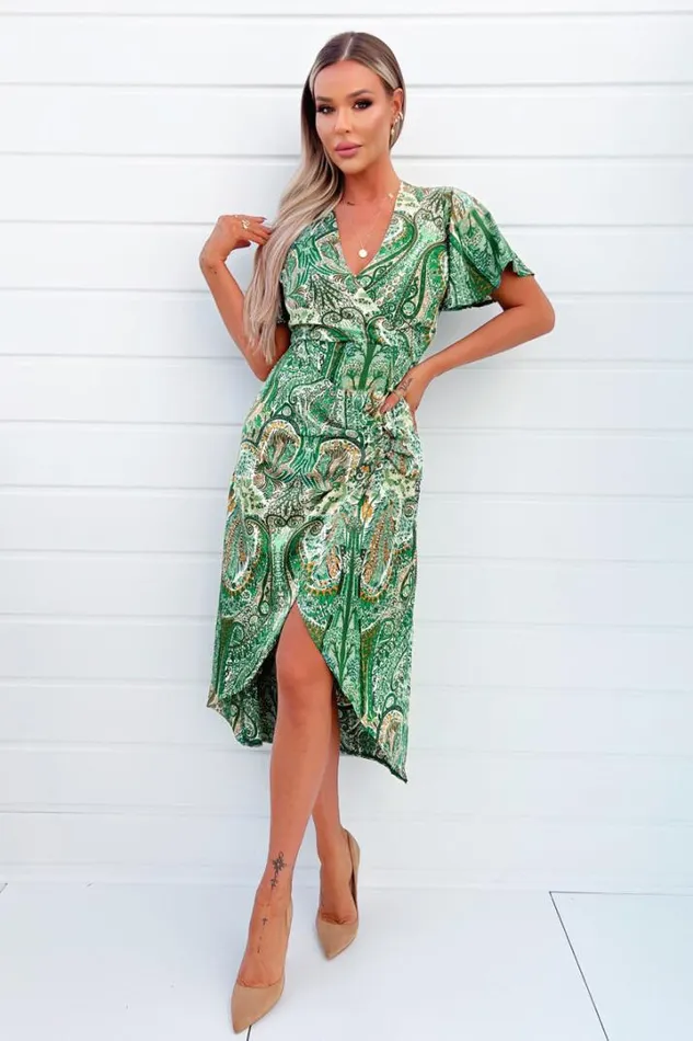 AX Paris Dresses Green Paisley Printed VNeck Belted Wrap Midi Dress