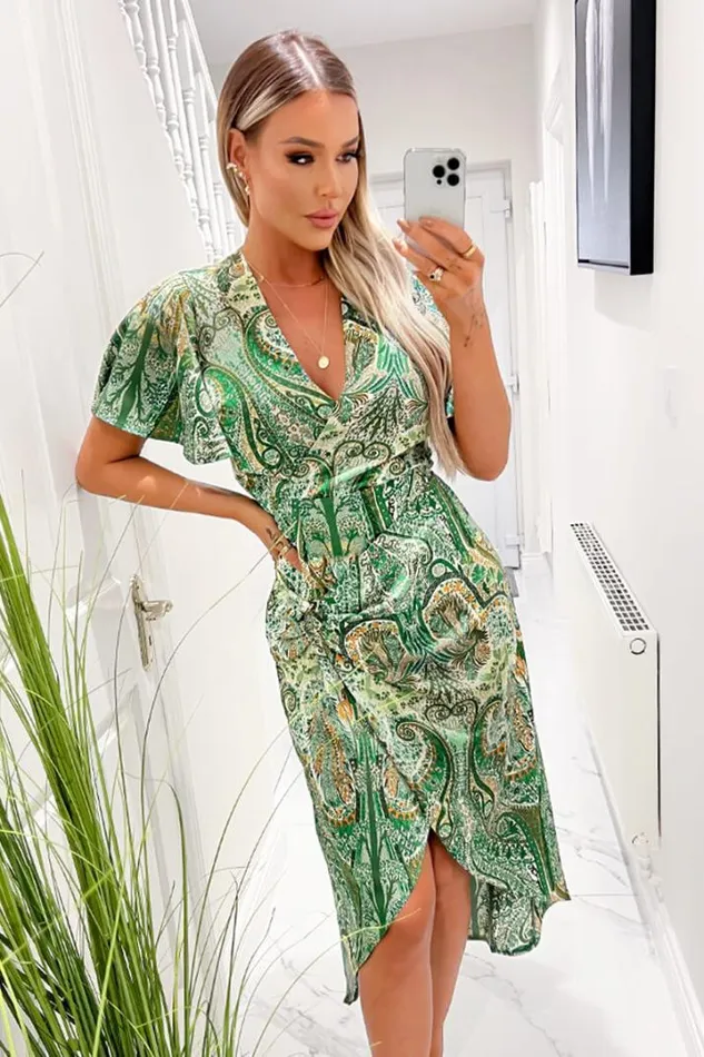 AX Paris Dresses Green Paisley Printed VNeck Belted Wrap Midi Dress