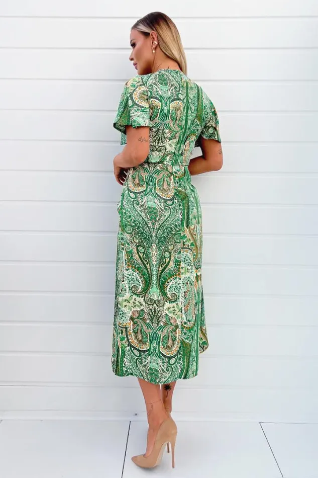 AX Paris Dresses Green Paisley Printed VNeck Belted Wrap Midi Dress