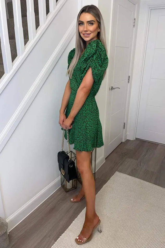 AX Paris Dresses Green Printed Puff Sleeve Pleated Mini Dress