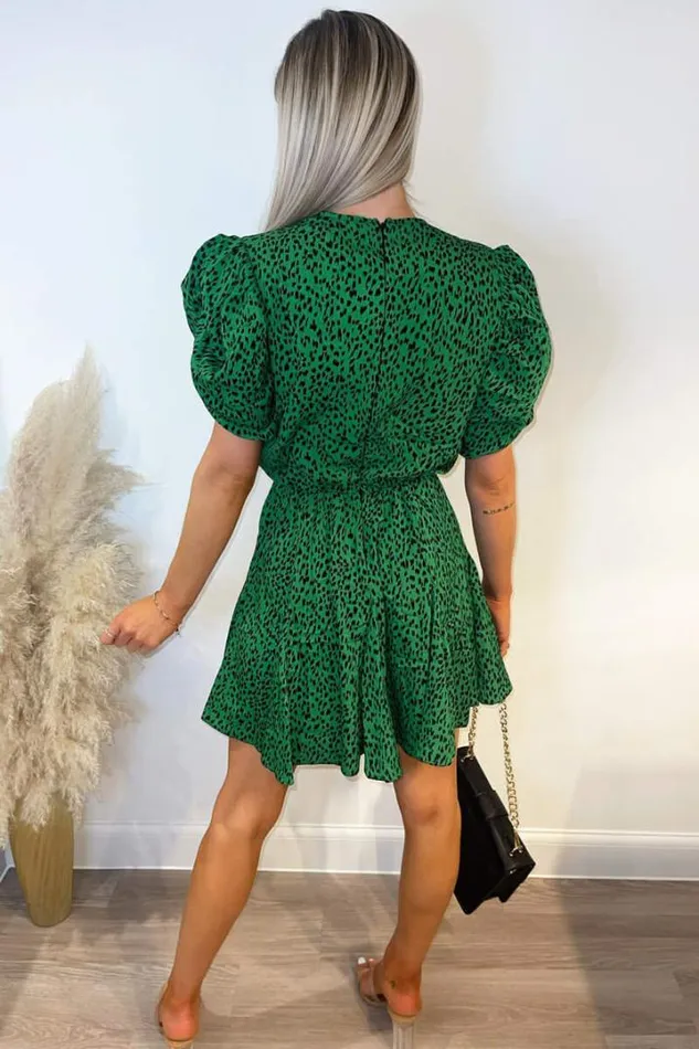 AX Paris Dresses Green Printed Puff Sleeve Pleated Mini Dress