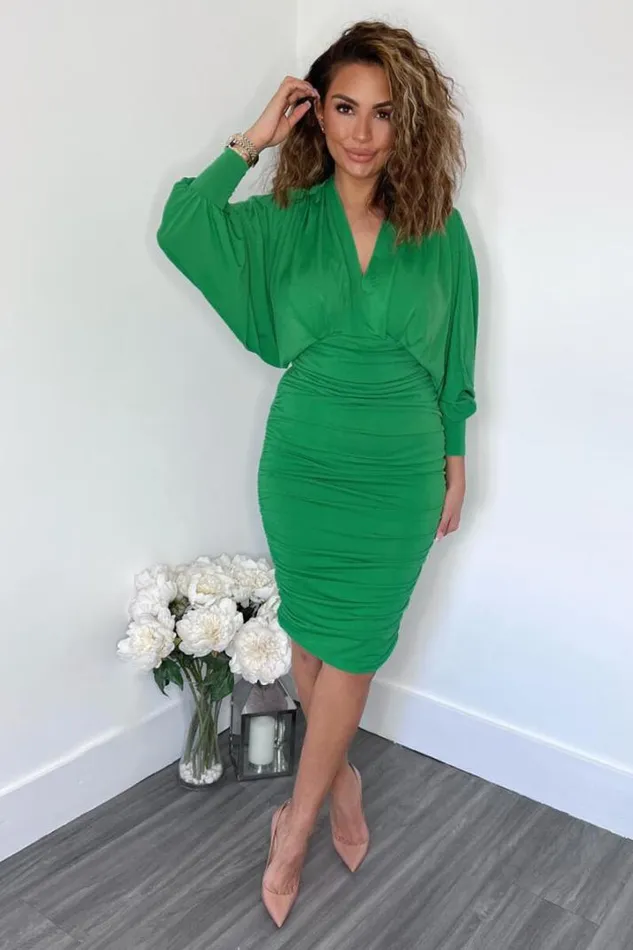 AX Paris Dresses Green Ruched Bat Wing Sleeve Midi Dress