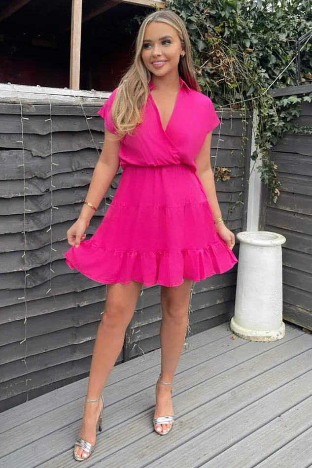 AX Paris Dresses Hot Pink Short Sleeve VNeck Mini Smock Dress
