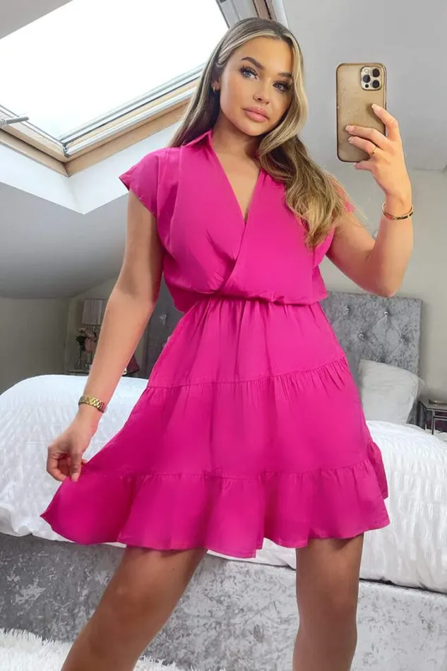 AX Paris Dresses Hot Pink Short Sleeve VNeck Mini Smock Dress