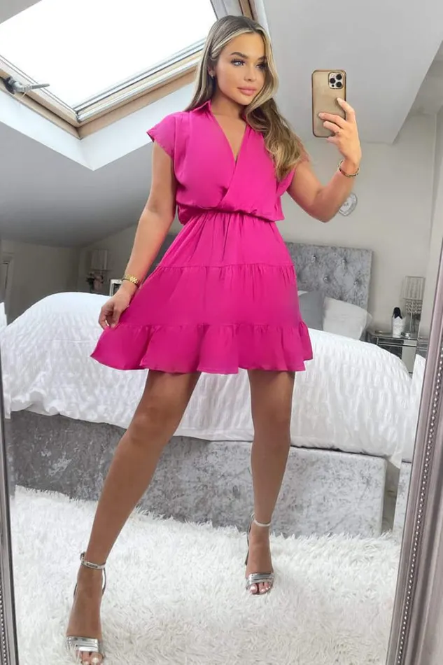 AX Paris Dresses Hot Pink Short Sleeve VNeck Mini Smock Dress
