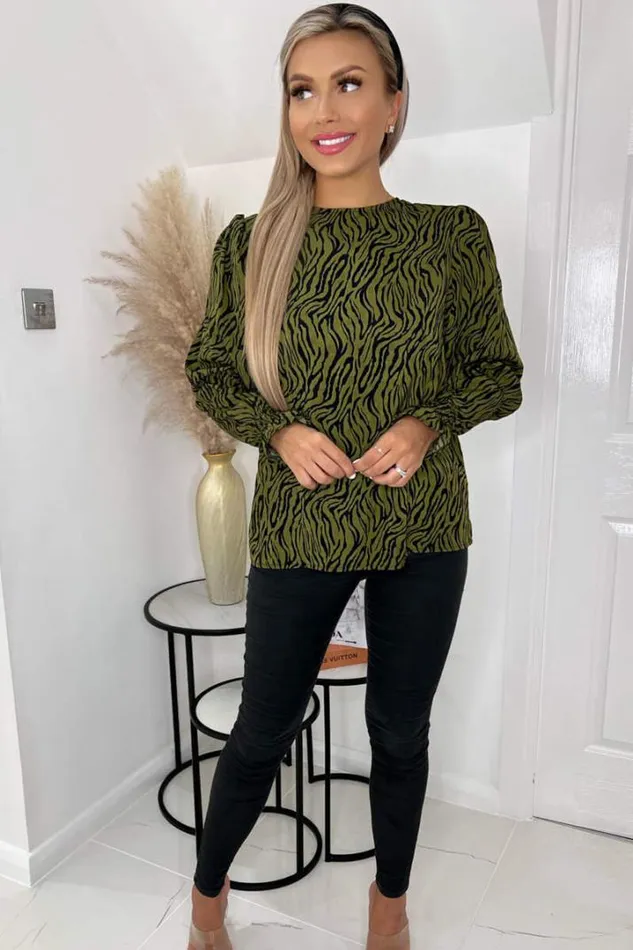AX Paris Dresses Khaki Animal Print Long Sleeve Top
