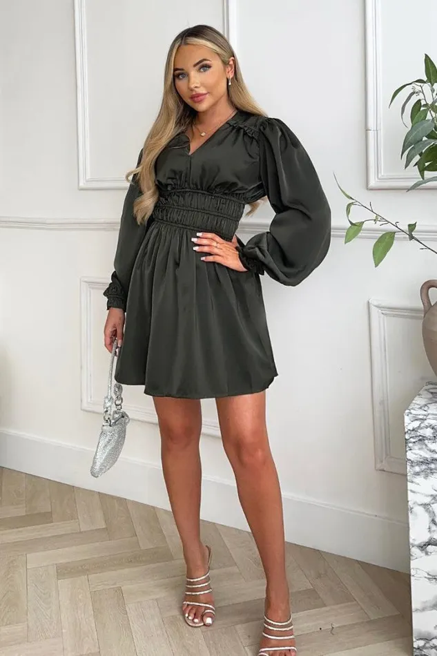 AX Paris Dresses Khaki Satin Long Sleeve Ruched Waist Ruffle Detail Mini Dress