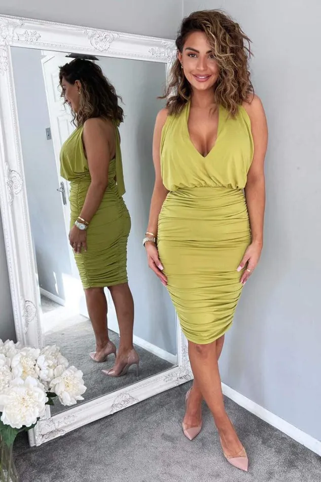 AX Paris Dresses Lime Halter Tie Neck Ruched Midi Bodycon Dress