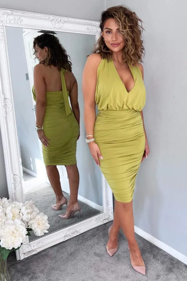 AX Paris Dresses Lime Halter Tie Neck Ruched Midi Bodycon Dress