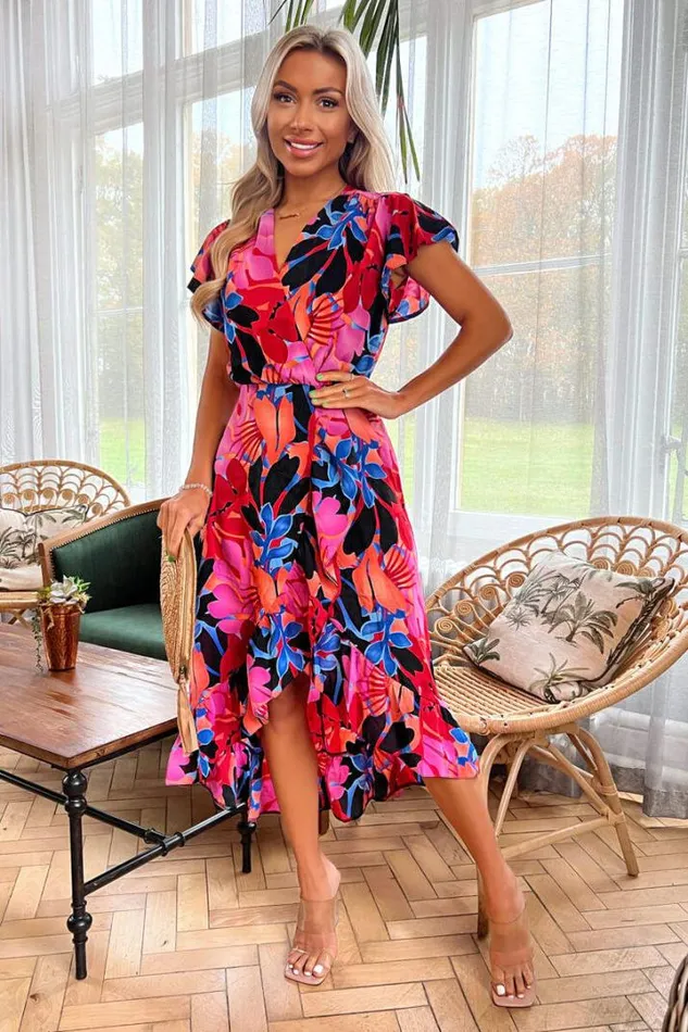 AX Paris Dresses Multi Floral Printed Wrap Over Top Frill Hem Midi Dress