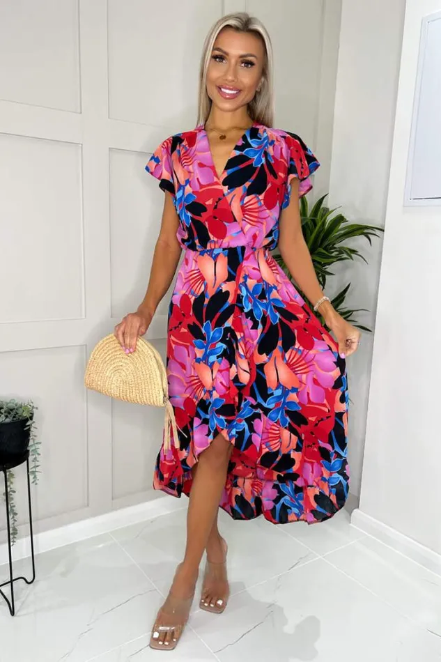 AX Paris Dresses Multi Floral Printed Wrap Over Top Frill Hem Midi Dress