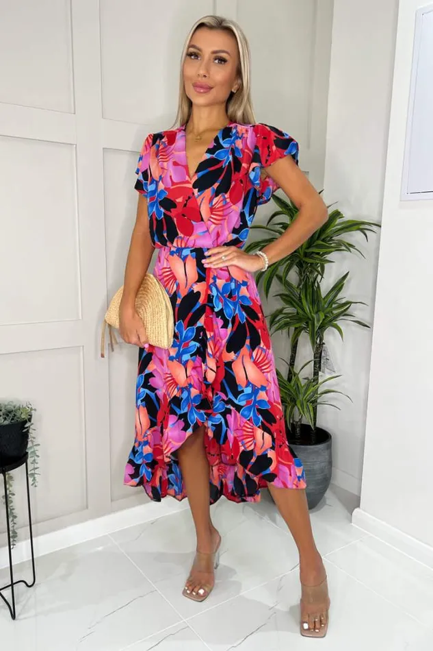 AX Paris Dresses Multi Floral Printed Wrap Over Top Frill Hem Midi Dress