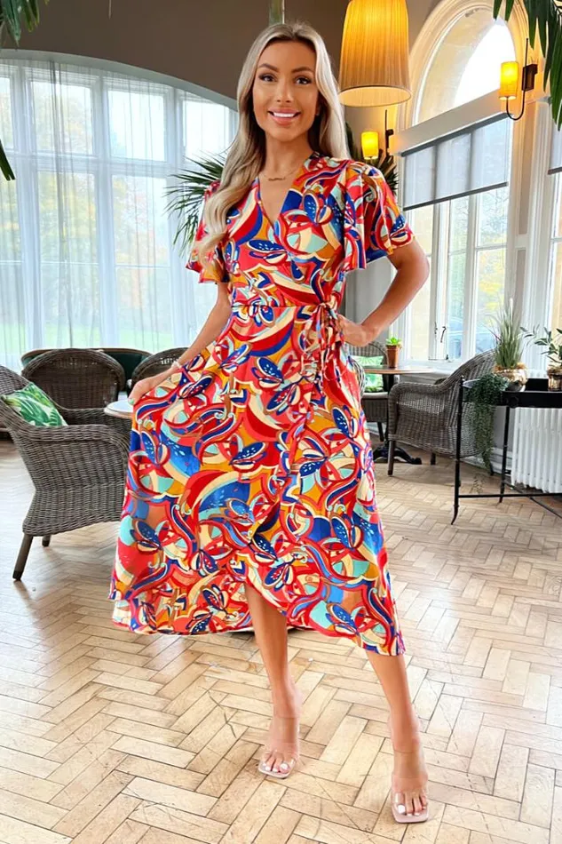 AX Paris Dresses Multi Printed Butterfly Sleeve Wrap Midi Dress