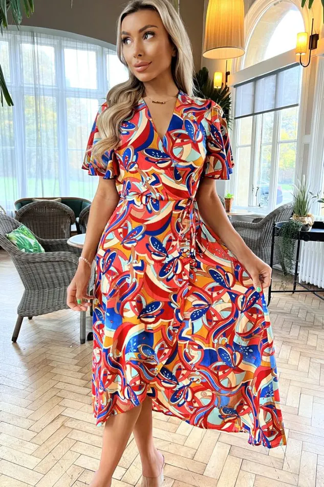 AX Paris Dresses Multi Printed Butterfly Sleeve Wrap Midi Dress