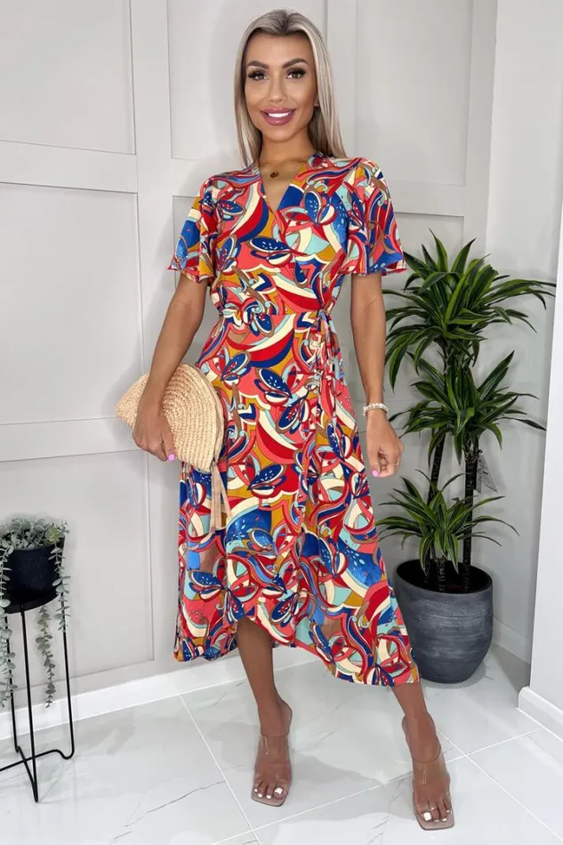 AX Paris Dresses Multi Printed Butterfly Sleeve Wrap Midi Dress