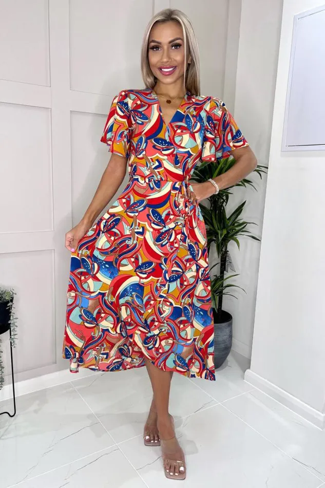 AX Paris Dresses Multi Printed Butterfly Sleeve Wrap Midi Dress