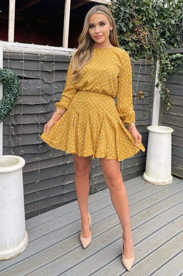 AX Paris Dresses Mustard Polka Dot Long Sleeve Skater Dress