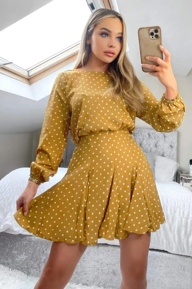 AX Paris Dresses Mustard Polka Dot Long Sleeve Skater Dress