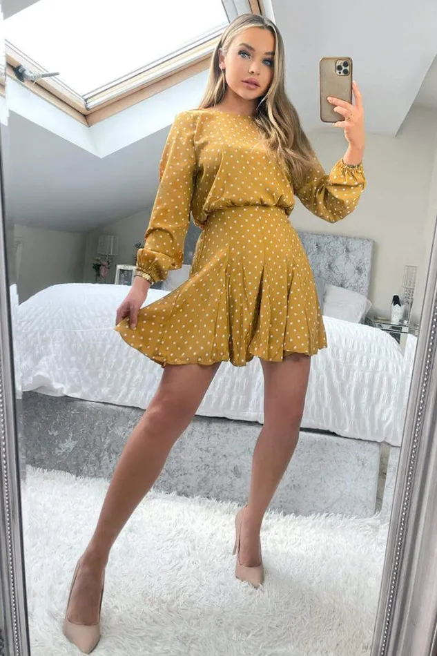 AX Paris Dresses Mustard Polka Dot Long Sleeve Skater Dress
