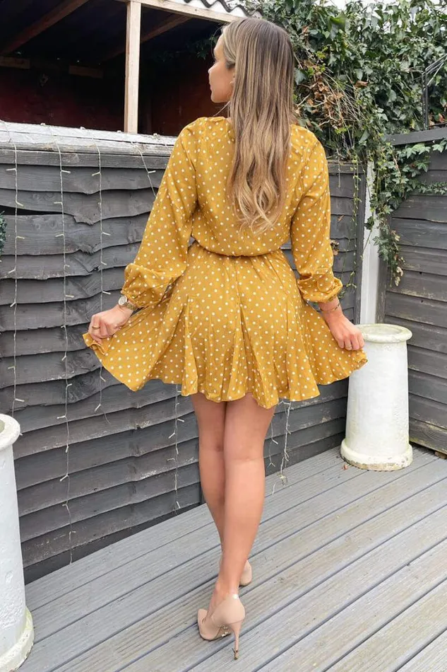 AX Paris Dresses Mustard Polka Dot Long Sleeve Skater Dress