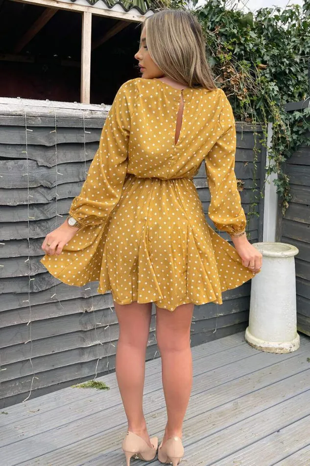 AX Paris Dresses Mustard Polka Dot Long Sleeve Skater Dress