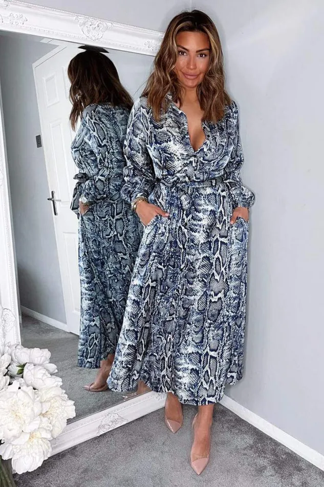 AX Paris Dresses Navy Snake Print Tie Waist Midi Shirt Dress