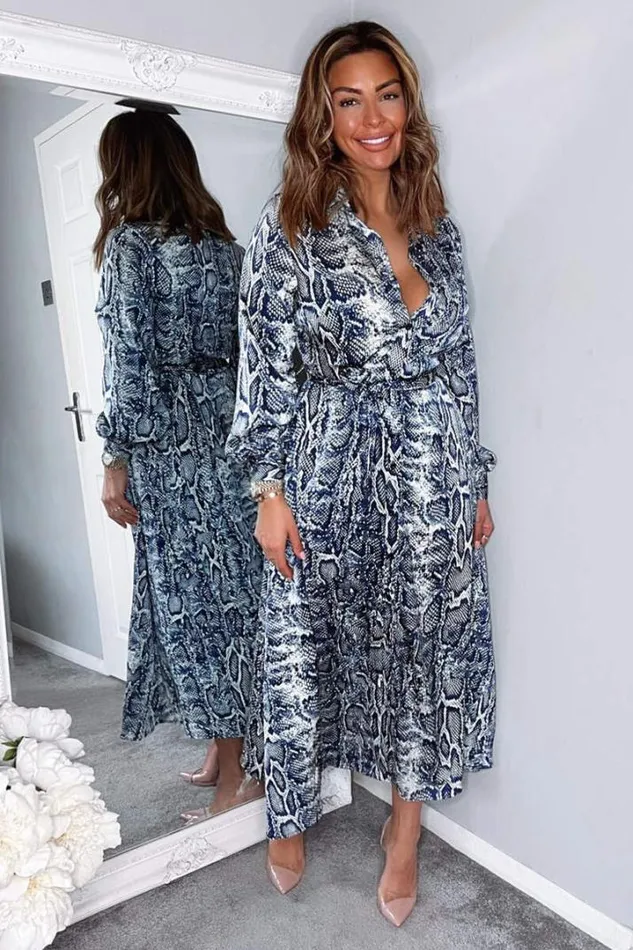 AX Paris Dresses Navy Snake Print Tie Waist Midi Shirt Dress