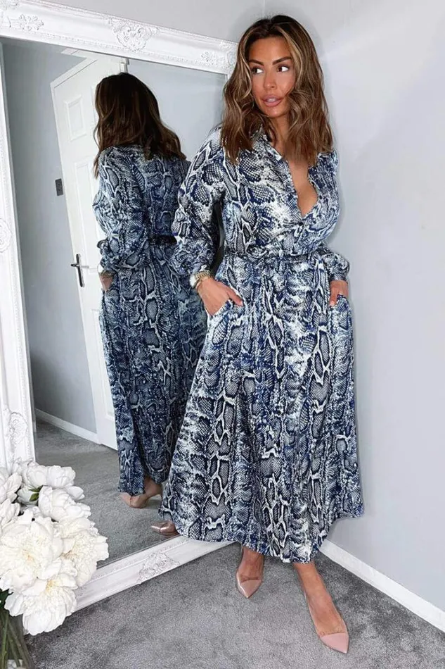 AX Paris Dresses Navy Snake Print Tie Waist Midi Shirt Dress