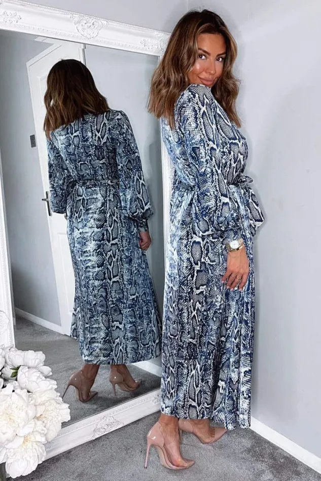 AX Paris Dresses Navy Snake Print Tie Waist Midi Shirt Dress