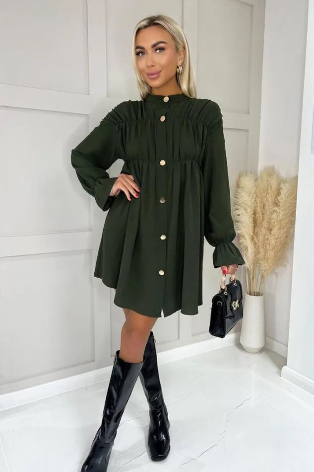AX Paris Dresses Olive Long Sleeve Gathered Detail Button Front Dress