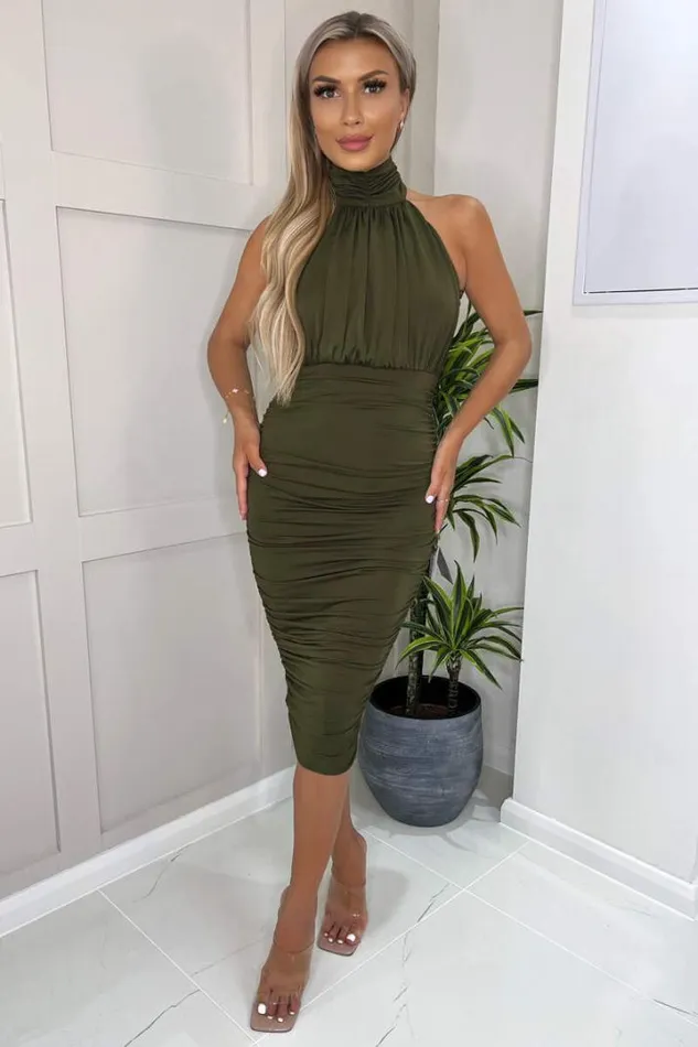 AX Paris Dresses Olive Ruched High Neck Midi Dress
