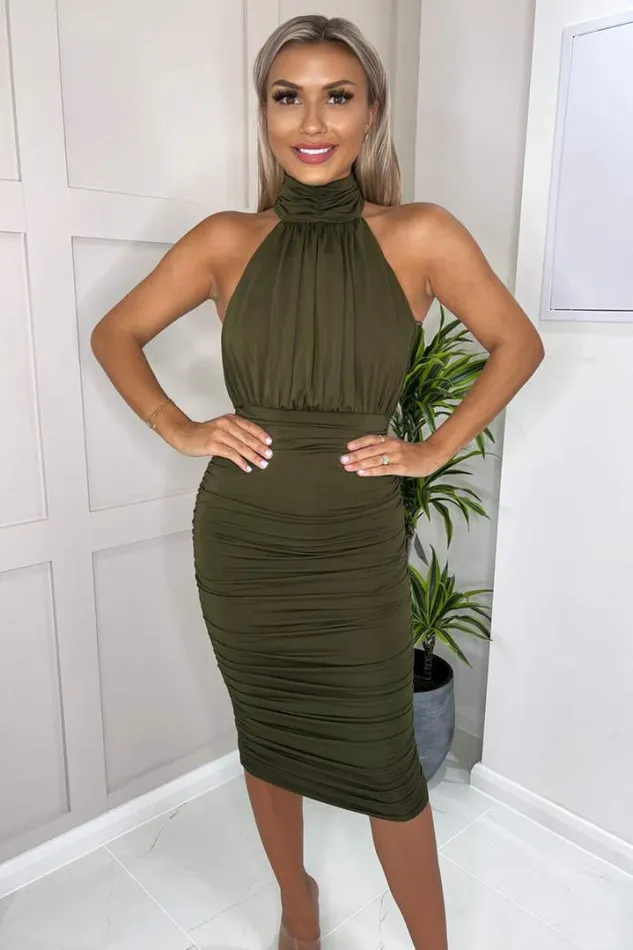 AX Paris Dresses Olive Ruched High Neck Midi Dress