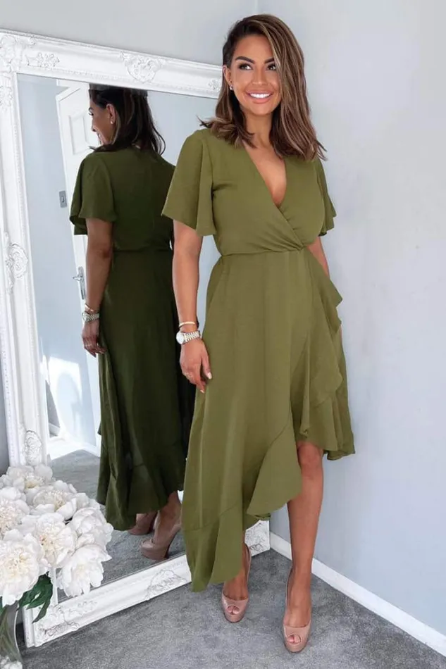 AX Paris Dresses Olive Wrap Over Top Frill Hem Midi Dress