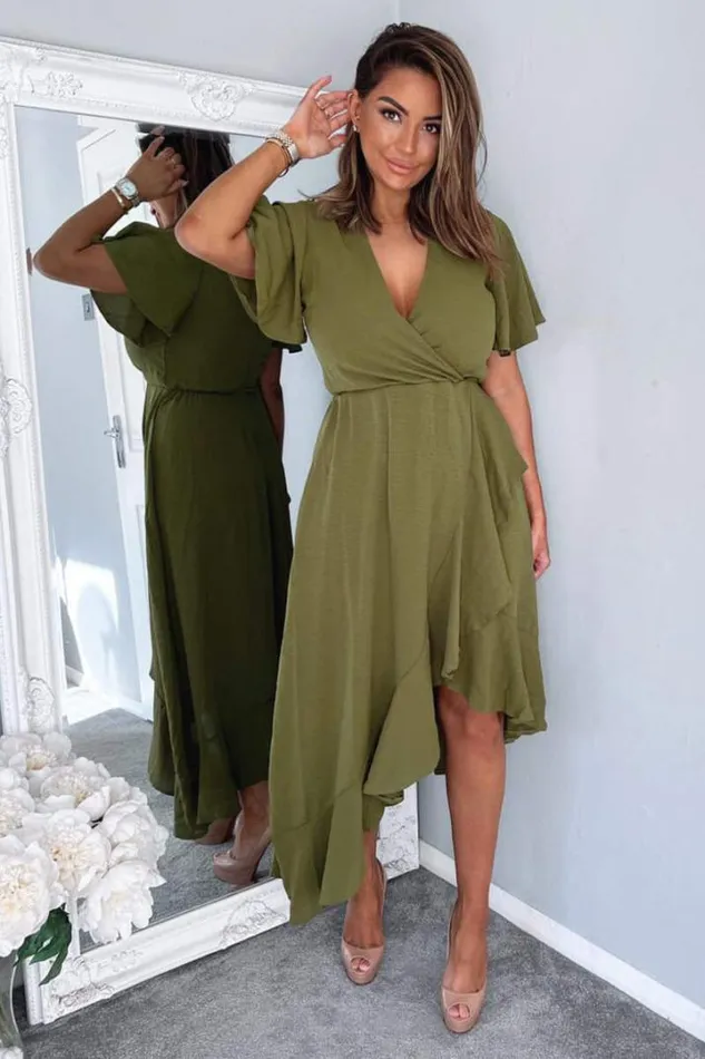 AX Paris Dresses Olive Wrap Over Top Frill Hem Midi Dress