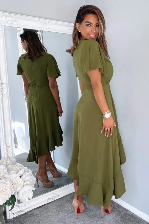 AX Paris Dresses Olive Wrap Over Top Frill Hem Midi Dress