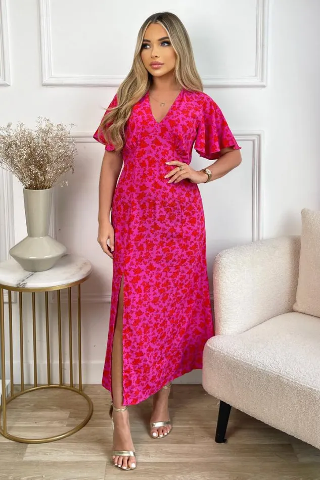 AX Paris Dresses Pink And Red Floral Printed VNeck Short Sleeve Midi Dress