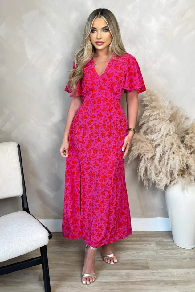 AX Paris Dresses Pink And Red Floral Printed VNeck Short Sleeve Midi Dress