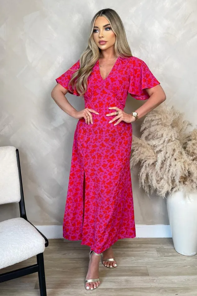 AX Paris Dresses Pink And Red Floral Printed VNeck Short Sleeve Midi Dress