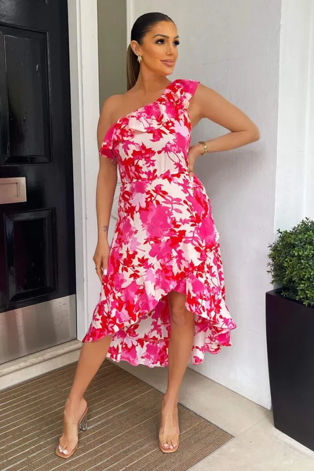 AX Paris Dresses Pink Floral One Shoulder Frill Detail Dipped Hem Dress
