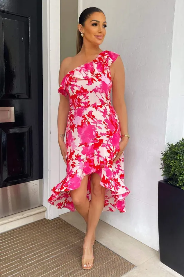 AX Paris Dresses Pink Floral One Shoulder Frill Detail Dipped Hem Dress