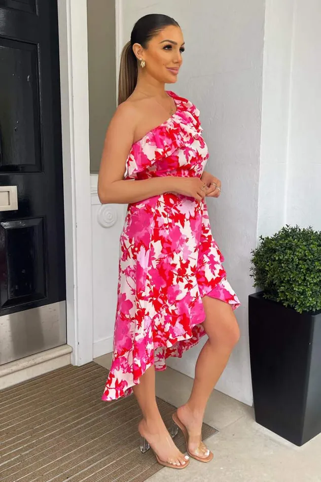 AX Paris Dresses Pink Floral One Shoulder Frill Detail Dipped Hem Dress