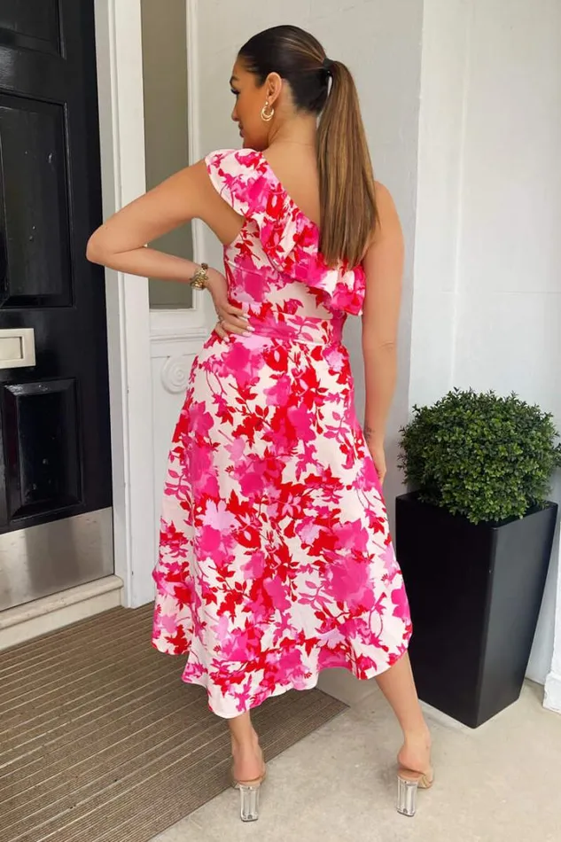 AX Paris Dresses Pink Floral One Shoulder Frill Detail Dipped Hem Dress