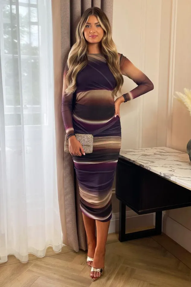 AX Paris Dresses Plum Abstract Print Mesh Long Sleeve Bodycon Midi Dress